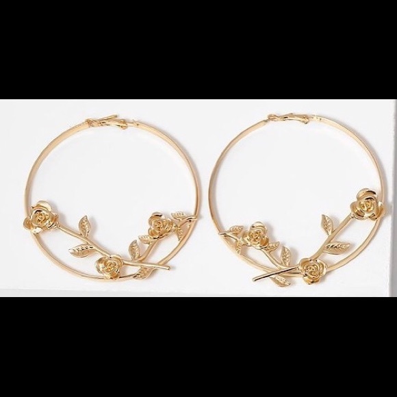 Oversize Gold Rose Hoop Statement Earrings - Picture 2 of 3